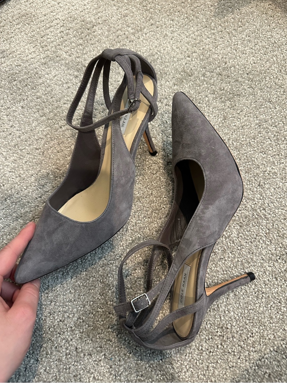 Cole Haan Gray Pointed-Toe Suede Ankle-Tie Heels